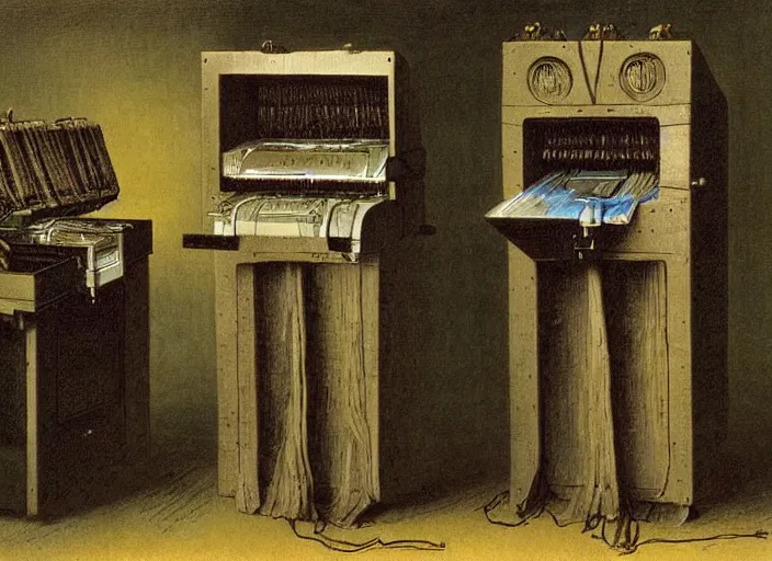 Image similar to strange machine that makes copies of small weird beings by caspar david friedrich