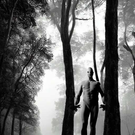 Prompt: portrait of a 1 5 foot tall, muscular, bald, smooth, extremely pale, androgynous humanoid with a perfectly symmetrical face, fully dressed in black body armour, in the background is a dense and foggy forest of trees, intricate detail, smooth, sharp focus, monochrome, high contrast, art by roberto robert,