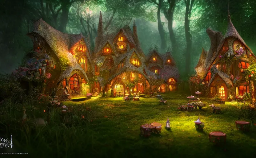 Image similar to inside an ethereal magical fairy village, highly detailed, 8 k, hdr, award - winning, octane render, artstation