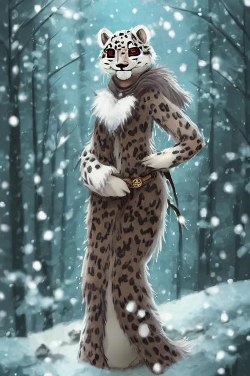 Image similar to a pretty medieval anthropomorphic snow leopard with a fluffy tail in the forest, comic art, trending on furaffinity, cartoon, kawaii, backlighting, furry art!!!, radiant light, bokeh, trending on artstation, digital art