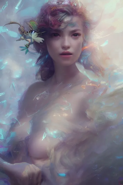 Image similar to face closeup beautiful girl fairy wearing velvet dress floating on water, 3 d render, holding electricity, hyper realistic detailed portrait, ruan jia, wlop, fantasy, hyper detailed, octane render, concept art, peter mohrbacher