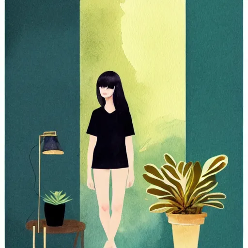 Image similar to a room full of beautiful house plants and a pretty woman with pale skin, long black hair with bangs, wearing shorts and t shirt, abstract, golden light, beautiful watercolor art trending on artstation