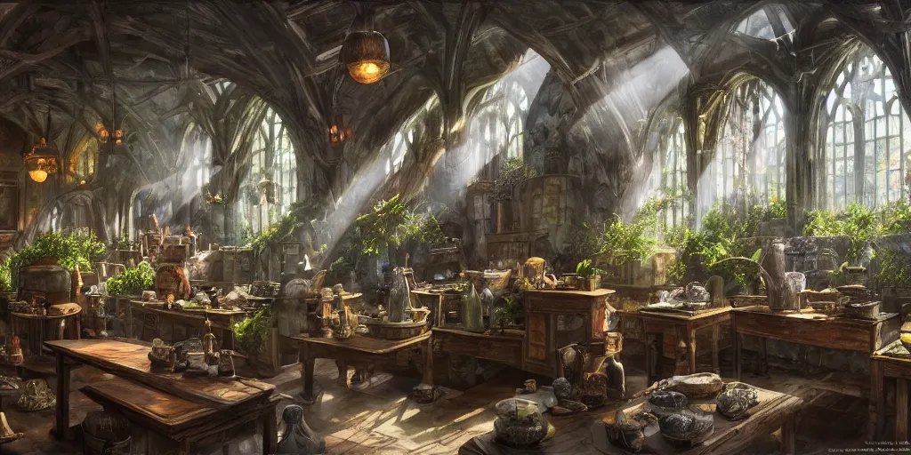 Prompt: a potions classroom with various plant materials, crucibles cooking potions, sunlight coming in through the windows, harry potter world, magic, magical, fantasy, no human, wide shot, 4 k, very detailed painting, concept art, painted by moebius and andreas roch