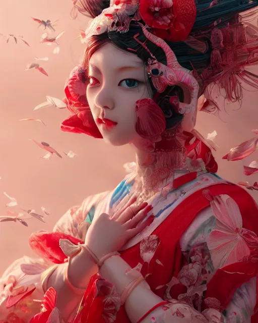 Image similar to detailed photo of pearl japanese doll, beautiful clothes, innocent, elegant red dress, 8 k, by tristan eaton, stanley artgermm, tom bagshaw, greg rutkowski, carne griffiths, trending on deviantart, hyper detailed, glorious lighting, epic environment