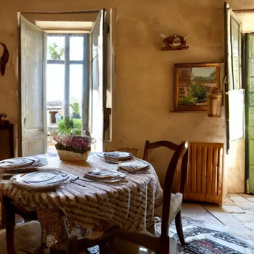 Image similar to Picture of very very very very filled provence interior room with cat sitting on the table,