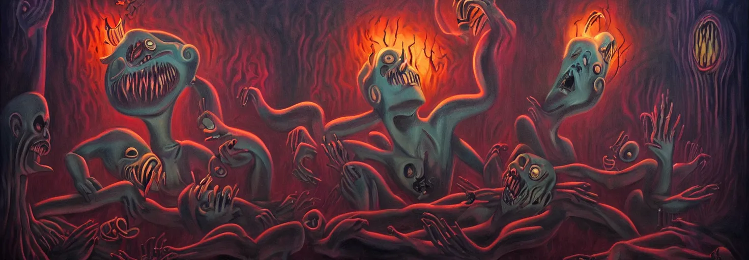 Image similar to visceral freaky obsessive monsters from the darkest depths of collective unconscious, dramatic glowing lighting, 1 9 3 0 s fleischer cartoon characters, wild emotional expressions - surreal painting by ronny khalil