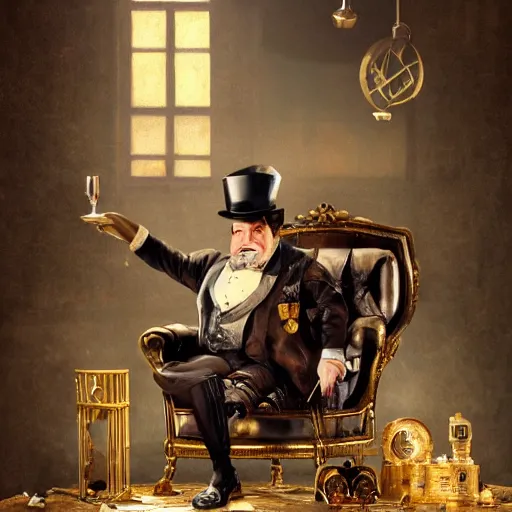 Image similar to oil painting of grumpy rich steampunk penguin sitting on fancy chair, wearing top hat, holding gold, steampunk factory background, sharp focus, fantasy style, octane render, volumetric lighting, 8k high definition, by greg rutkowski, highly detailed, trending on art Station, magic the gathering artwork, centered