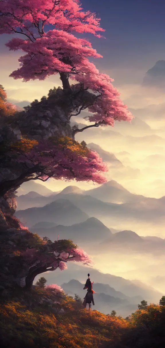 Prompt: samurai resting on a mountain top, cool dawn sky, sakura tree by sylvain sarrailh, rossdraws, ambient light, ultra detailed, fantasy artwork, 8 k, volumetric lighting, trending on artstation, award winning, very beautiful.