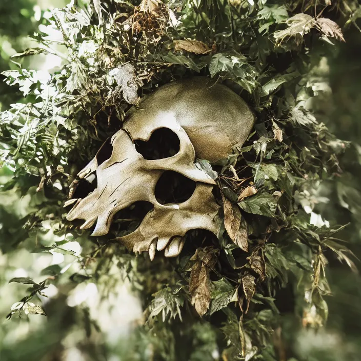 Image similar to overgrown foliage taking over a realistic wolf skull, close - up, 3 5 mm, f 1. 8, bokeh, beautiful, lens flare, emotional, sweet, flowers, detailed, picture, trending on artstation, award - winning, shiny, golden