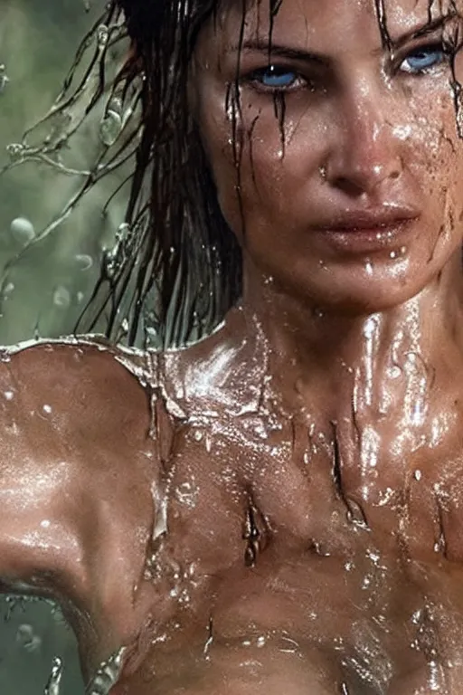 Image similar to a film still of lara croft, close up face detail, muscular, wet body, model photography, wet dripping hair, emerging from the water