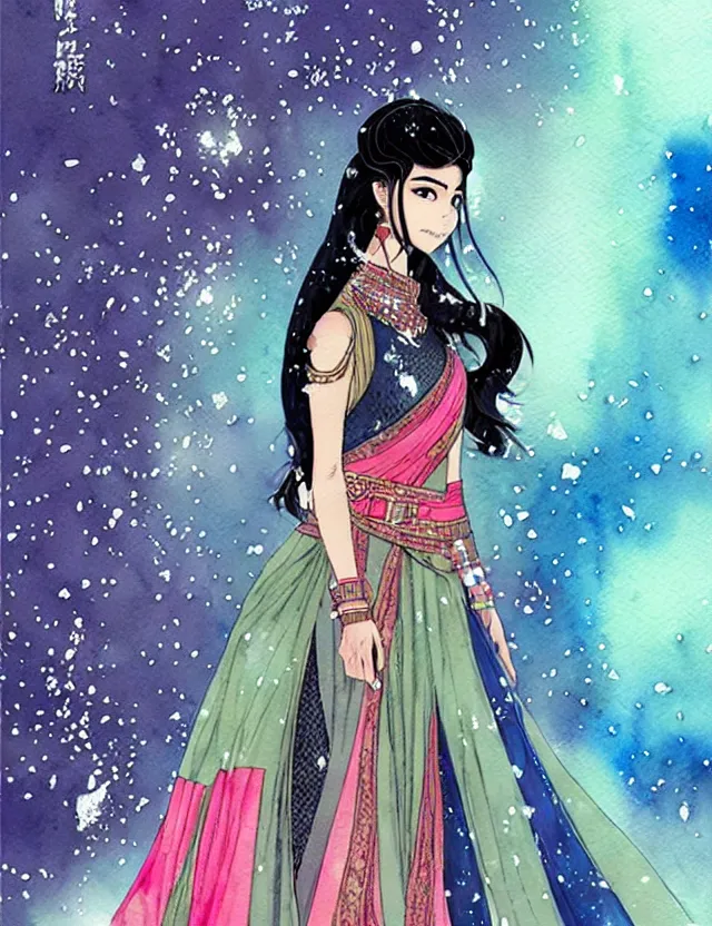 Prompt: south asian scifi princess of the snowy mountains, wearing a lovely dress with cyberpunk elements. this watercolor painting by the award - winning mangaka has an interesting color scheme, plenty of details and impeccable lighting.