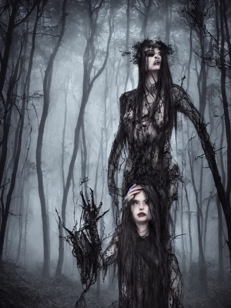 Prompt: beautiful dark witch in a gloomy horror forest cinematic, realistic, detailed, full body