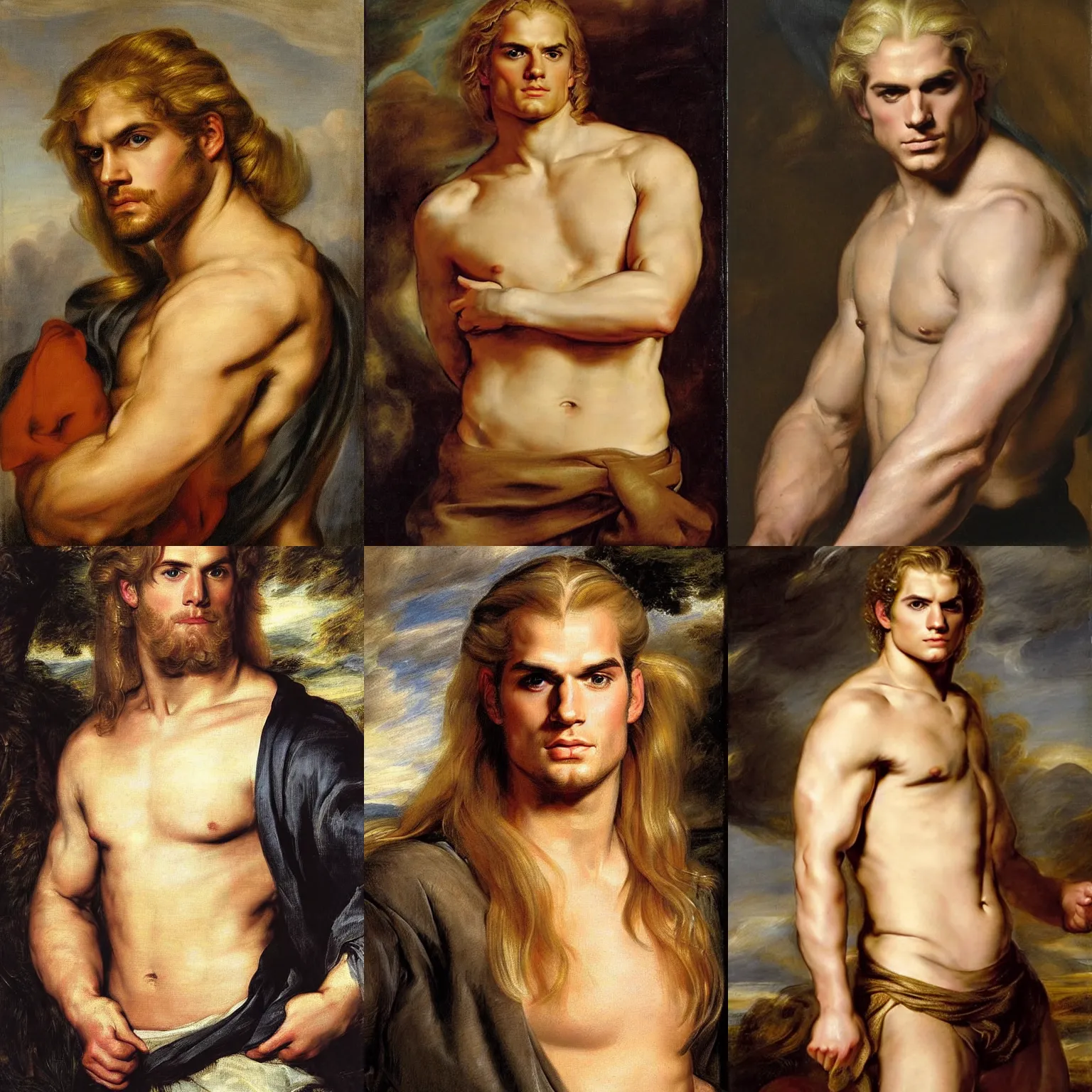 Prompt: portrait of a young androgynous Henry Cavill with long blond hair and side braids by peter Paul rubens, big beefy chunky strong fat build, very very very very pale white skin platinum blond hair