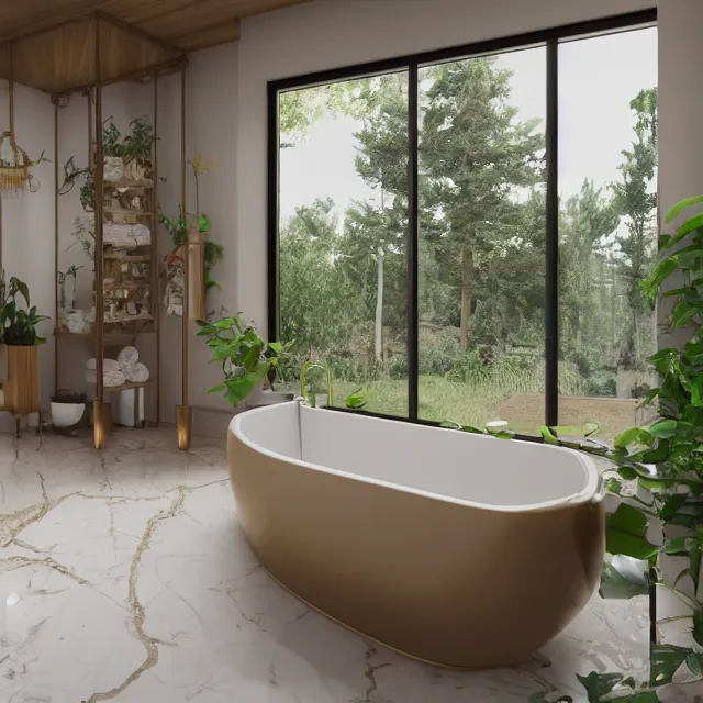 Image similar to post and beam bathroom interior, bathtub with golden faucet, wood cabinets, marble, large window in back with forest view, large potted plant, realistic, unreal engine render, octane render, hyper realistic, photo, 8 k
