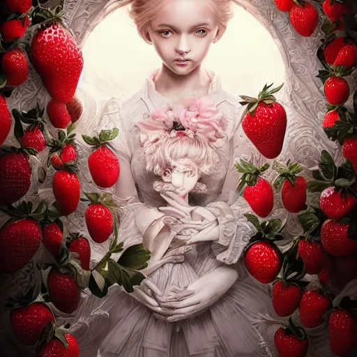 Image similar to the portrait of an absurdly beautiful, graceful, elegant, sophisticated, fashionable little girl made of strawberries and white petals looking down, an ultrafine hyperdetailed illustration by kim jung gi, irakli nadar, intricate linework, bright colors, octopath traveler, final fantasy, unreal engine 5 highly rendered, global illumination, radiant light, detailed and intricate environment