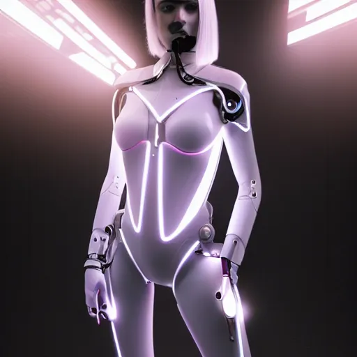 Prompt: a portrait of a female cyborg, fashion, streak lights, ligjt trail, color gel, photogtaphy, canon r 5, wide angle, white background, 3 d render, unreal engine, white suit, cyberpunk, futuristic