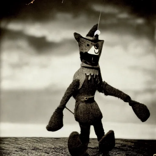 Image similar to anthropomorphic fox multi-jointed puppet who is a medieval knight standing steadfast towards a stormy ocean, 1930s film still