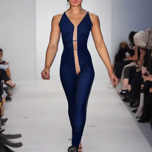 Image similar to model wearing tight dark blue jumpsuit with a see - through mesh stripe all the way up the side, from her ankles to her neck