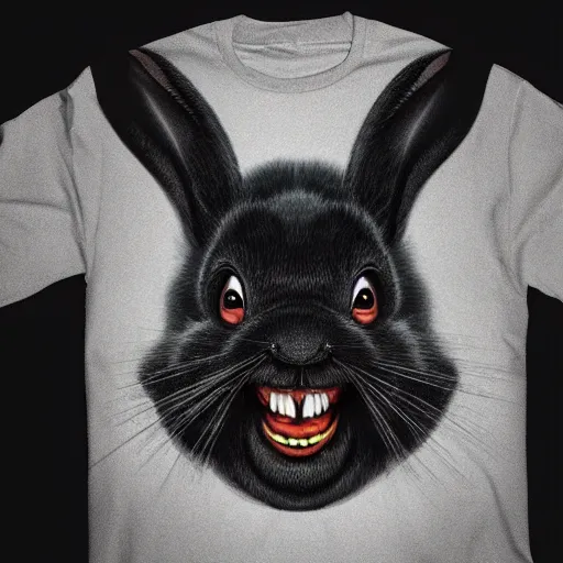 Image similar to A extremely highly detailed majestic hi-res beautiful, highly detailed head and shoulders portrait of a scary terrifying, horrifying, creepy black cartoon rabbit with scary big eyes, earing a shirt laughing, hey buddy, let's be friends, in the style of Walt Disney