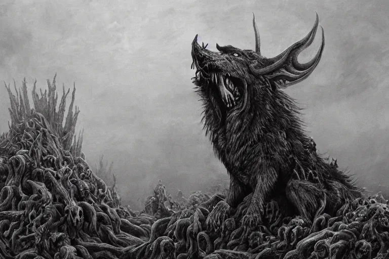 Prompt: Haunting horrifying hyperrealistic detailed painting of a demonic hellhound wolf creature sitting atop a giant throne of spikes in a foggy hellscape, dystopian feel, heavy metal, disgusting, creepy, unsettling, in the style of Michael Whelan and Zdzisław Beksiński, lovecraftian, hyper detailed, trending on Artstation