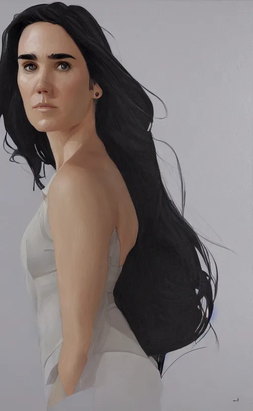 Image similar to detailed artwork by phil noto ; jennifer connelly ; brush texture ; asymmetric composition ; gallery painting by phil noto, by phil noto.