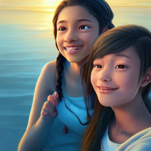 Image similar to beautiful serene intricate portrait of katara and toph taking a selfie, smiling softly, relaxing on the beach, golden hour, soft focus, 8 k, art by irakli nadar, hyperrealism, hyperdetailed, ultra realistic