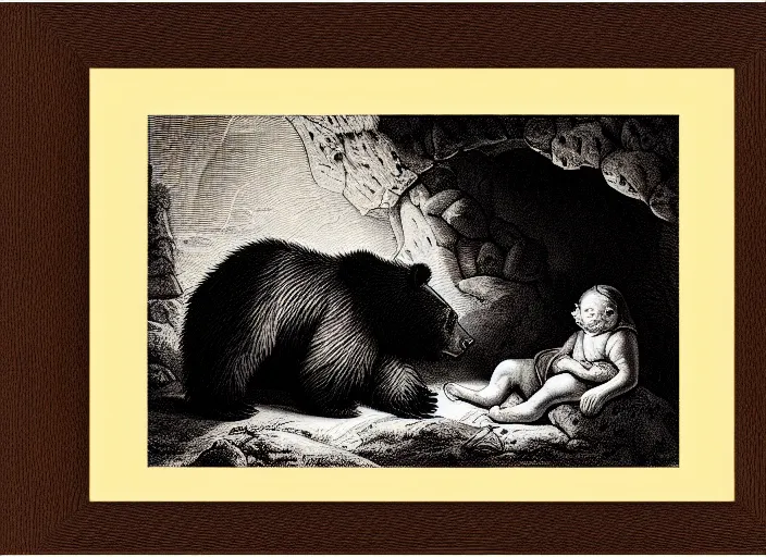 Image similar to Pieter Claesz's 'a bear and her cub sleeping in a dark cave, lit by hole in roof', night time, cross hatching, backlit, beautiful wooden frame, monochrome, colours of the sunset