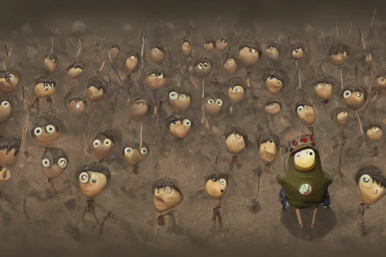 Image similar to the potato king appears before the large crowd of his subjects in all his glory, concept art, blender, googly eyes, realistic dirt.