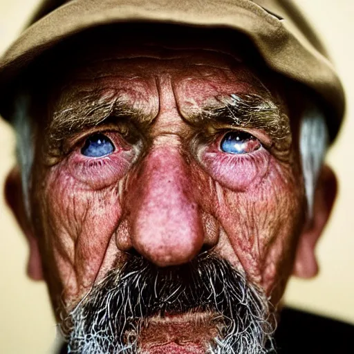 Image similar to a photographic portrait of a rugged elderly man with tears running down face by Martin Schoeller