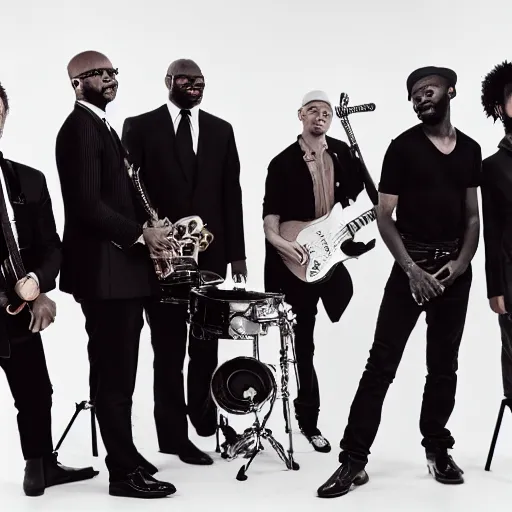 Image similar to photo of a great soul music band with five white musicians, realistic pictures, intricate details, portrait, vogue, sharp focus, pullitzer, award winning photograph of the year, canon eos 5 d mark iv,