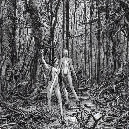 Prompt: sci - fi monster hunters, walking in a flesh and bones forest, hyperdetailed, art makoto kobayashi