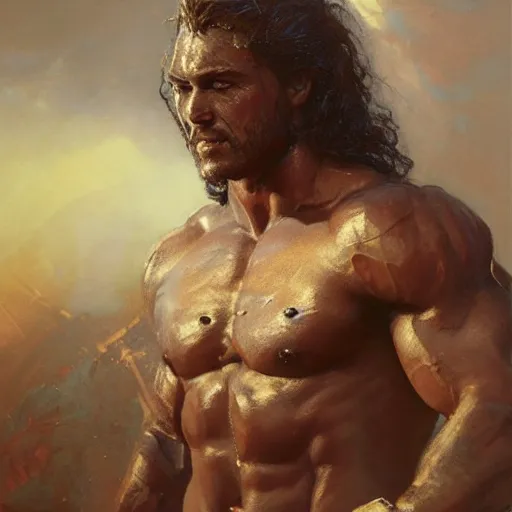 Prompt: handsome portrait of a spartan guy bodybuilder posing, radiant light, caustics, war hero, smokey haze, by gaston bussiere, bayard wu, greg rutkowski, giger, maxim verehin