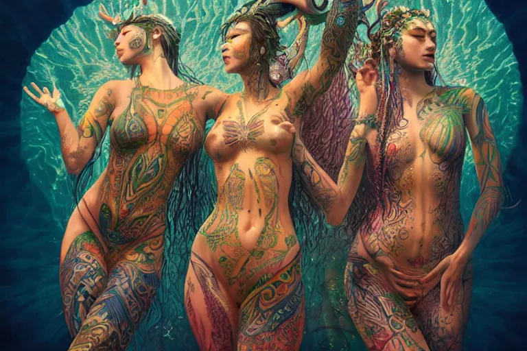 Prompt: a centered full body render of alluring festival hippies with tribal tattoos surrounded by a underwater ink pour and flowing liquid galium and sacred geometry, perfect face, powerful, cinematic, beautifully lit, by artgerm, by karol bak, by viktoria gavrilenko, 3 d, trending on artstation, octane render, 8 k