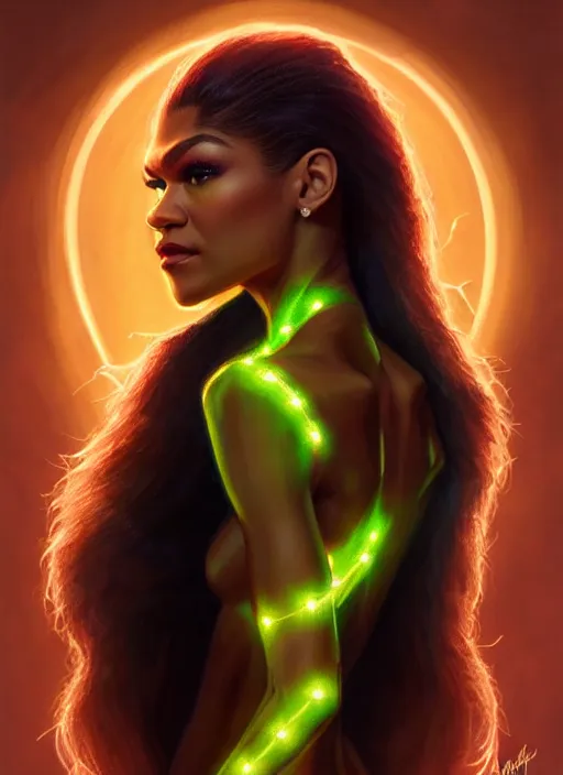 Image similar to zendaya as skrull queen, intricate, elegant, glowing lights, highly detailed, digital painting, artstation, glamor pose, concept art, smooth, sharp focus, illustration, art by artgerm and greg rutkowski, artey freytag