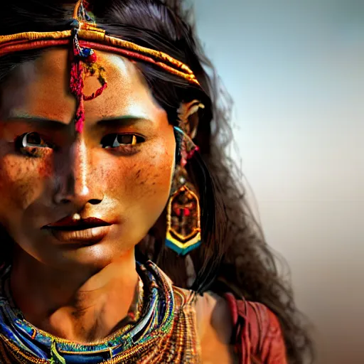 Prompt: portrait of a stunningly beautiful and alluring nepalese tribal female, depth of field, zeiss lens, detailed, symmetrical, centered, fashion photoshoot, by annie leibovitz and steve mccurry, david lazar, jimmy nelsson, breathtaking, 8 k resolution, extremely detailed, beautiful, establishing shot, artistic, hyperrealistic, beautiful face, octane render