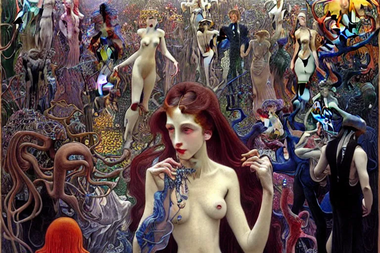 Image similar to realistic extremely detailed portrait painting of an elegant vampire in a crowded futuristic street, detailed alien crowd in the background by Jean Delville, Amano, Yves Tanguy, Alphonse Mucha, Mark Brooks, Ernst Haeckel, Edward Robert Hughes, Roger Dean, rich moody colours, blue eyes