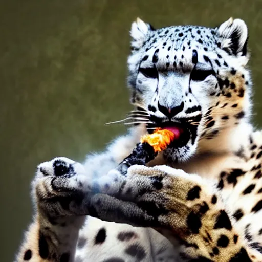 Image similar to A snow leopard with a spliff in his mouth smoking, award winning photo