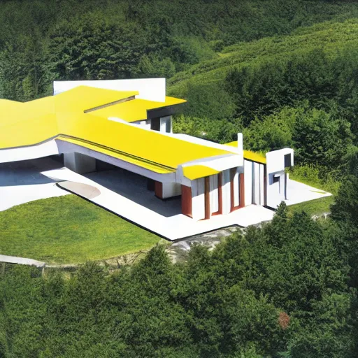 Image similar to architecture ad for a mid-century modern house in Gaspé, designed by Zaha Hadid. Aerial view. Film grain, cinematic, colorized, yellow hue.