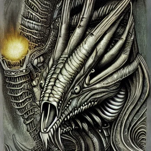 Image similar to an alien dragon by HR Giger