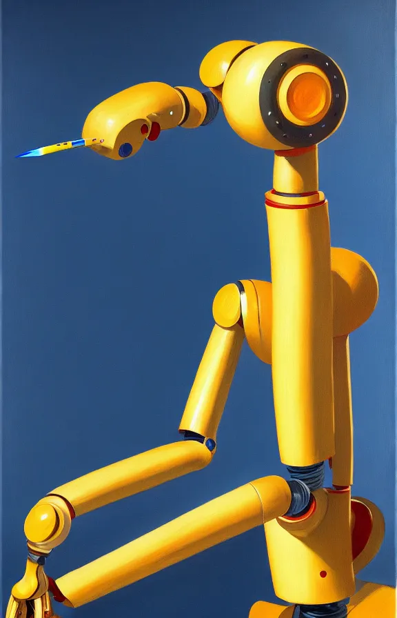 Image similar to beautiful illustration of a robotic arm painting with a paintbrush on a canvas by Edward Hopper, clean lines, very detailed, colorful octane render