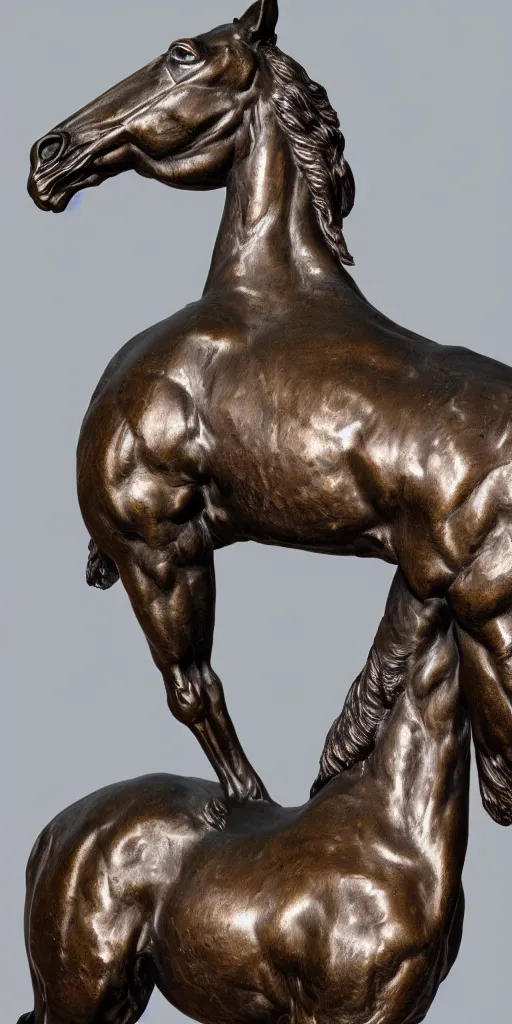 Image similar to detailed photo of an old bronze patina statue of a horse, full body portrait, various pose, photorealism, intricate detail, museum diffuse lighting