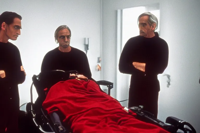 Prompt: a scene from the movie dead ringers with jeremy irons, dark cinematic lighting, heavy black and red color contrast, medical equipment, movie directed by wes craven