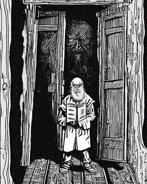 Prompt: a portrait of an old wizard holding a book standing in front of an ancient elaborate wooden door by arthur adams and moebius and chip zdarsky