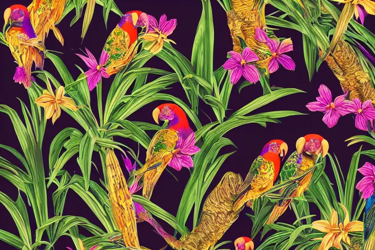 Image similar to photorealistic print of exotic, elegant tropical prints, isolated in a black background : : purple plants, golden flowers, red parrot, art nouveau, desaturate, trending on artstation