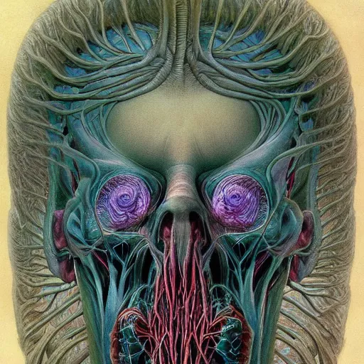 Image similar to nightmare etherreal iridescent vascular nerve bundles pearlescent spinal chord horror by naoto hattori, zdzislaw, norman rockwell, studio ghibli, anatomical cutaway