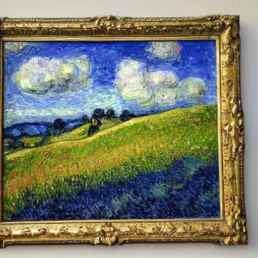 Prompt: oil paint impasto relief of the rolling sussex downs inspired by monet and van gogh, painted with thick heavy expressive paint and cumulus clouds, less thick expressive paint crudely pointillist in parts, some splattered paint