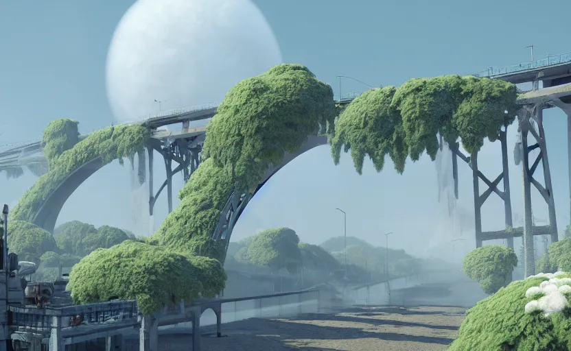 Image similar to a big bridge destroyed by enormous cotton plants, 3 d octane render, epic lighting, 8 k, by goro fujita