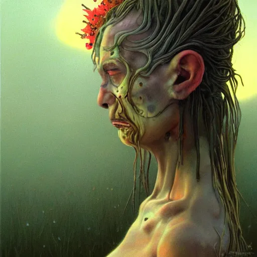 Image similar to a nature portrait of a p - zombie!!! natural lighting art dawn. highly detailed. colourful. moody. artstation, 4 k, by gerald brom zdzisław beksinski, and ansel adams and studio ghibli, horror, lots of sakura flowers, lovely