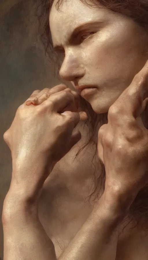Image similar to epic masterpiece torment, drama, sweaty skin, hyperrealistic, octane render, cinematic, beautiful face and flawless skin, perfect hands, 5 fingers, gold by Edgar Maxence, Legends of Runeterra