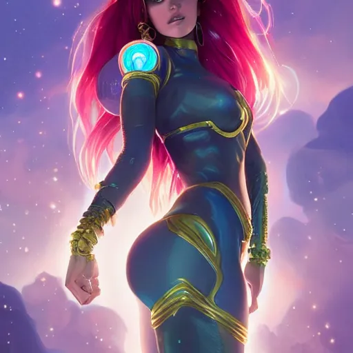 Image similar to ultra realistic illustration, bella thorne as starfire anime, intricate, elegant, highly detailed, digital painting, artstation, concept art, smooth, sharp focus, illustration, art by artgerm and greg rutkowski and alphonse mucha and wlop